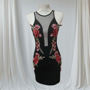 Forever 21 Black Floral Embroidered Sleeveless Party Dress Holiday Mesh Size S